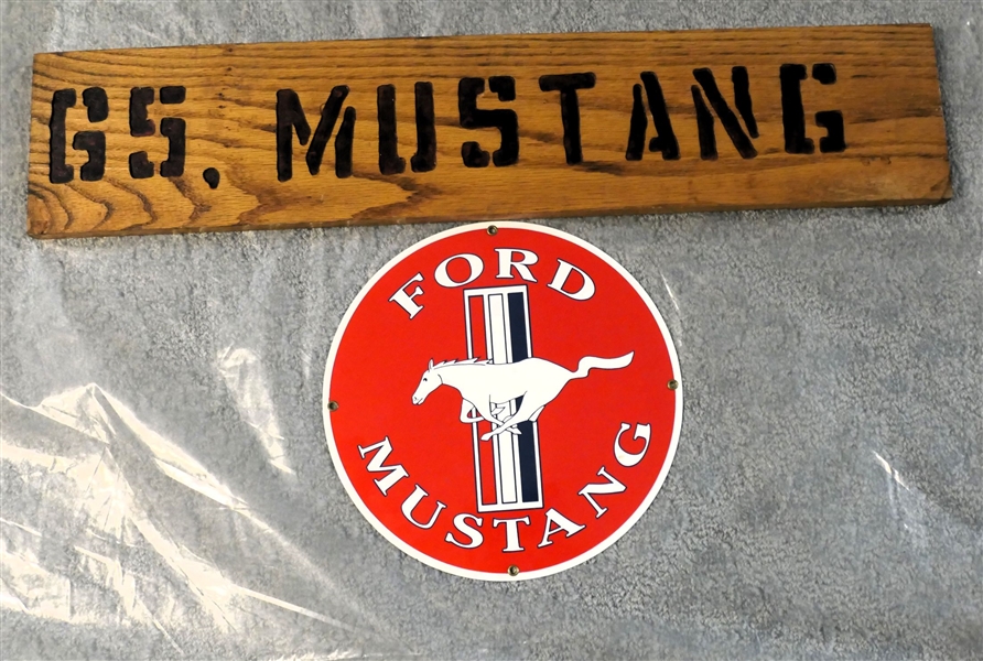 65 Mustang Wood Sign and Ande Rooney Enamel Ford Mustang Sign - Measuring 11 1/4"