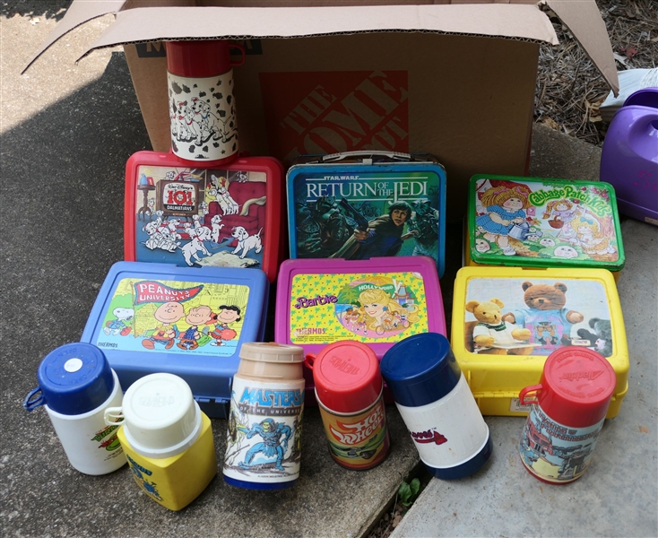 Lot of Lunch Boxes - 101 Dalmatians with Thermos, Peanuts, Barbie, Star Wars, Cabbage Patch Kids, Transformers Thermos