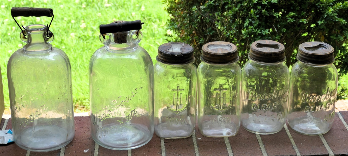 2 White House Vinegar Jugs, 2 Anchor Hocking Mason Jars, and 2 Brockway Clear - Vu Mason - 1 Is Cracked