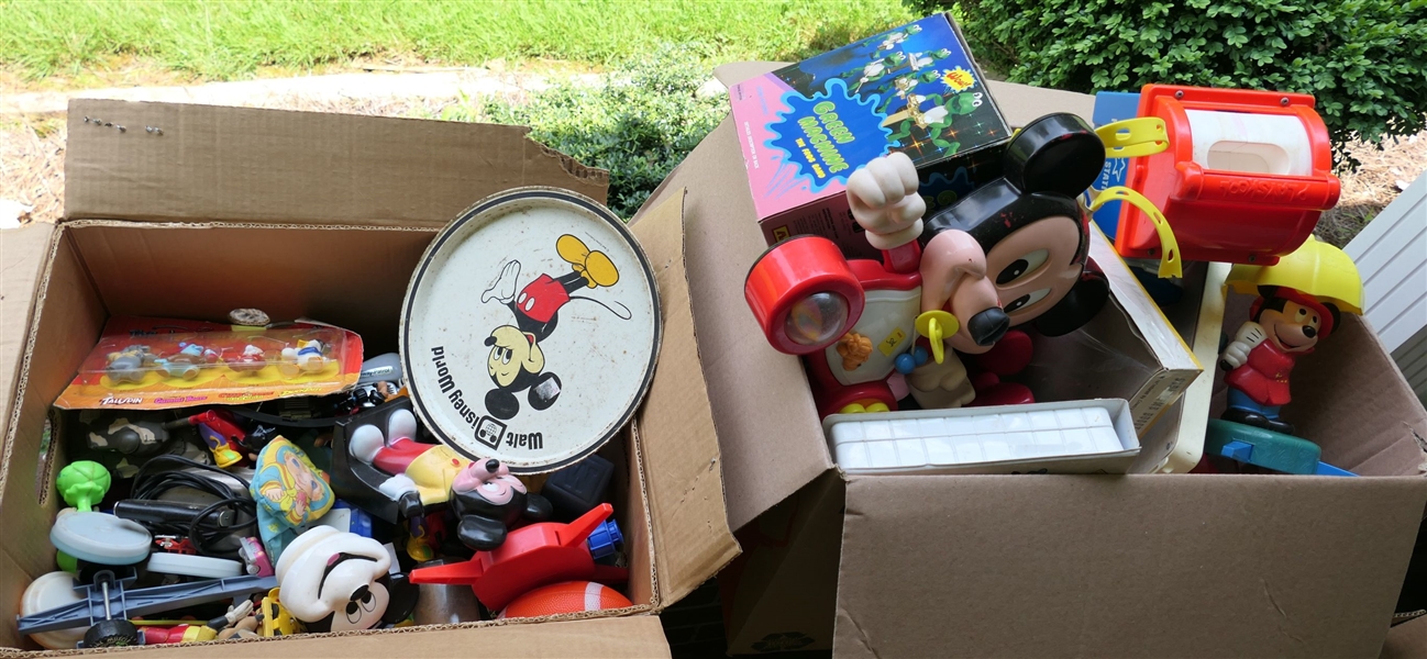 Box of Toys including Mickey Mouse, Green Machine, Playschool Postal Station , Olde Tyme Buggy, and More