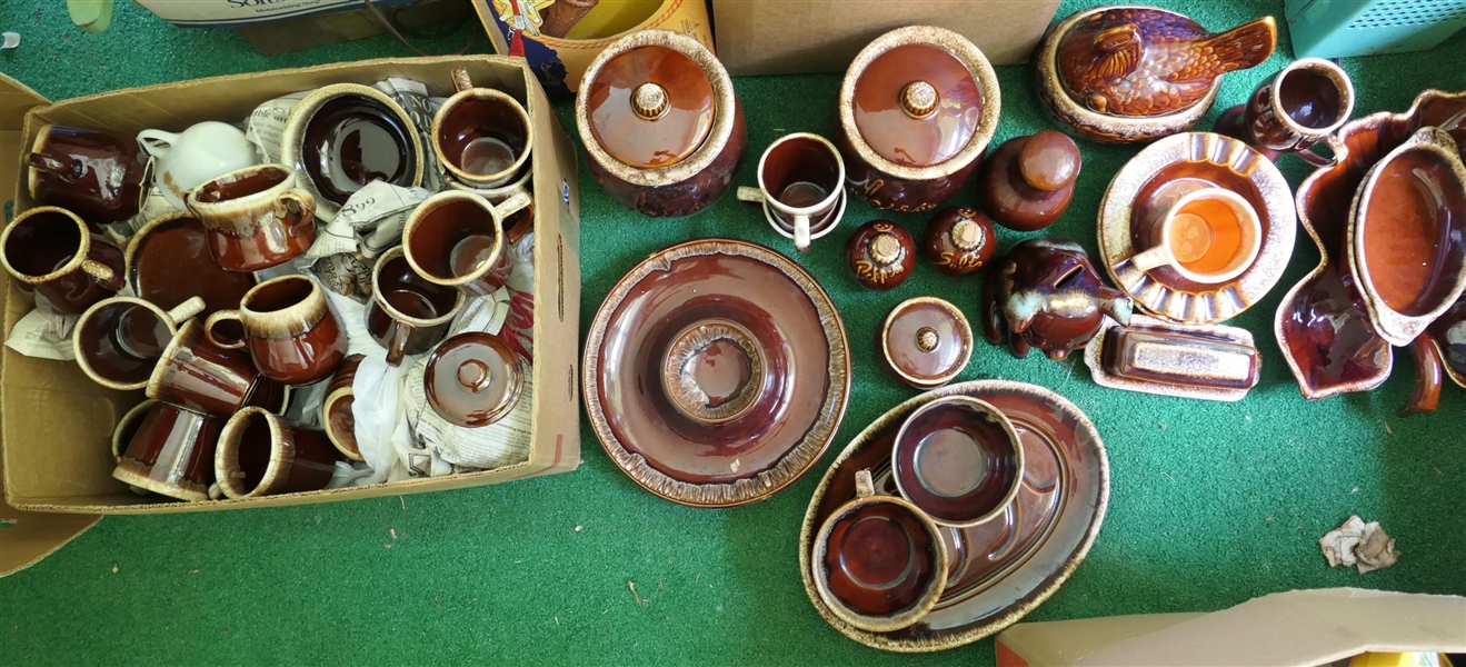 Large Lot of McCoy and USA Brown Pottery - Hen on Nest, Cookie Jars, Mugs, Butter Dish, Chip and Dip , Platters, Plates, and Bowls 