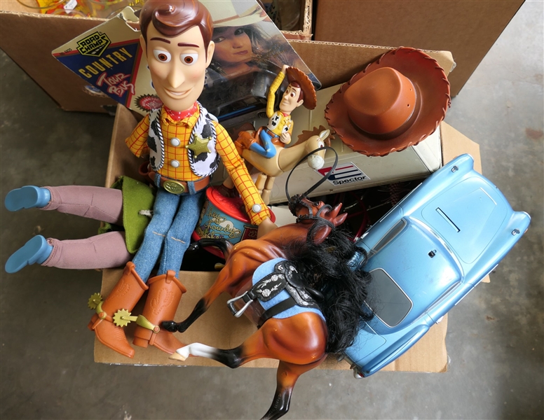 Box of Toys including Woody - Toy Story with Hat, Country Tour Bus, Breyer Horse, Car, Motor Cycle, 