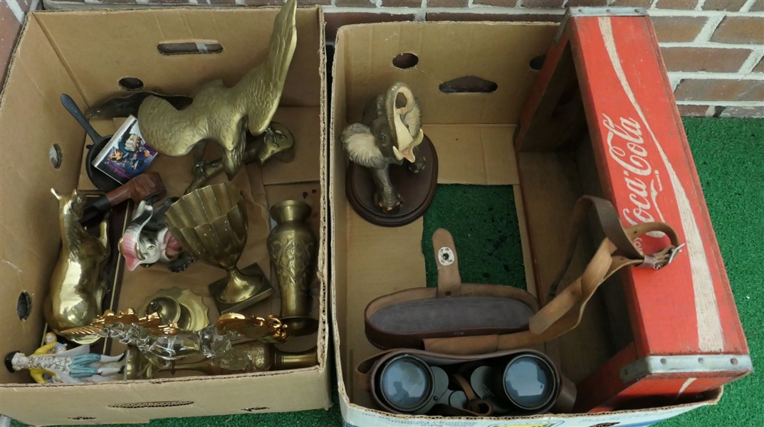 2 Box Lots including Nippon Kogaku Tokyo - Occupied Japan Binoculars, Coke Crate, Glass Unicorn, Brass Horse and Eagle, Elephants, and Occupied Japan Figures