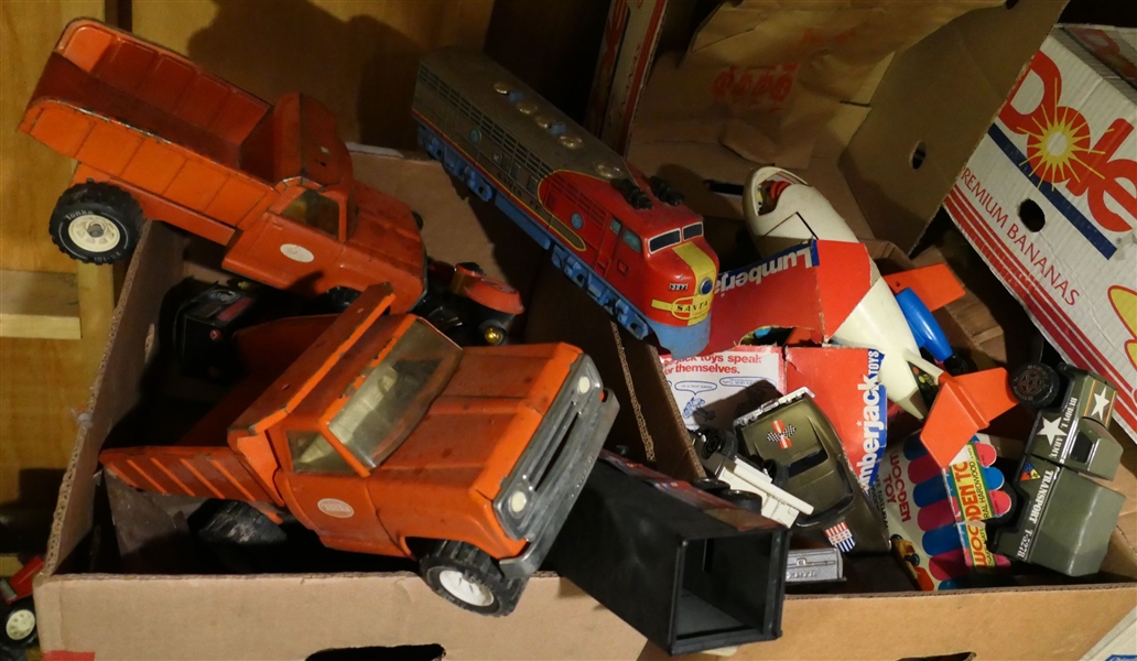 2 Boxes of Toys, Cars, Trains - Tin Litho Santa Fe, Tonka Dump Trucks, Buddy L Army Truck, and Many More