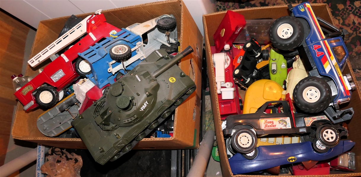 2 Boxes of Toys, Cars, Trucks - Bass Buster, Remote Control Cars, Batmobile, Army Tank, Fire Trucks