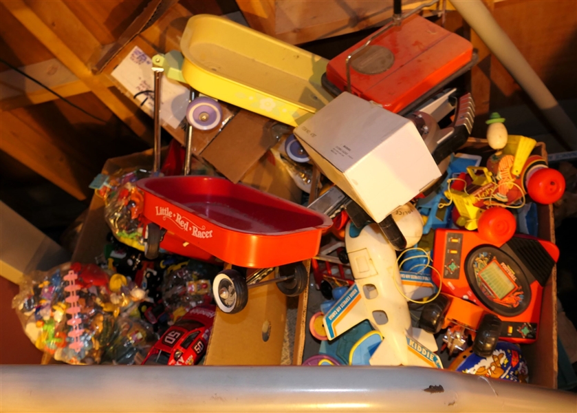 2 Boxes of Toys- Wagons, Fisher Price - Jalopy, Toy Chain Saw, Nascar, Tin Litho Top, Figures