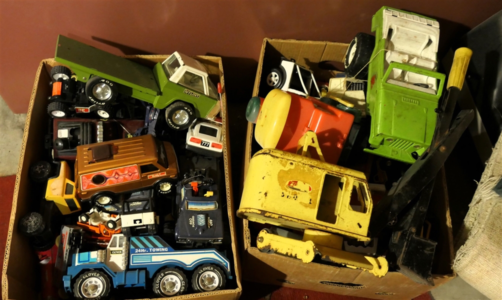 2 Boxes of Toys - Crane, Tonka Green Jeep, Tow Trucks, Nylint Flat Bed, NASA, Buddy L Van