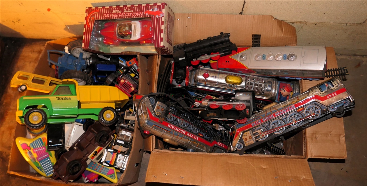 2 Boxes of Toys including Tin Litho Train Set, Tonka Dump Truck, Tonka Trucks, Die Cast Cars, - Boxes are Full 
