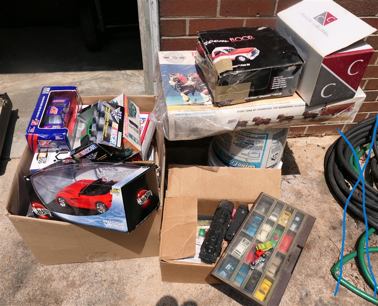 2 Boxes of Toys including Match Box Cars, Lionel Engine, Hot Wheels Cars in Box, Die Cast Nascar Cars, and Models