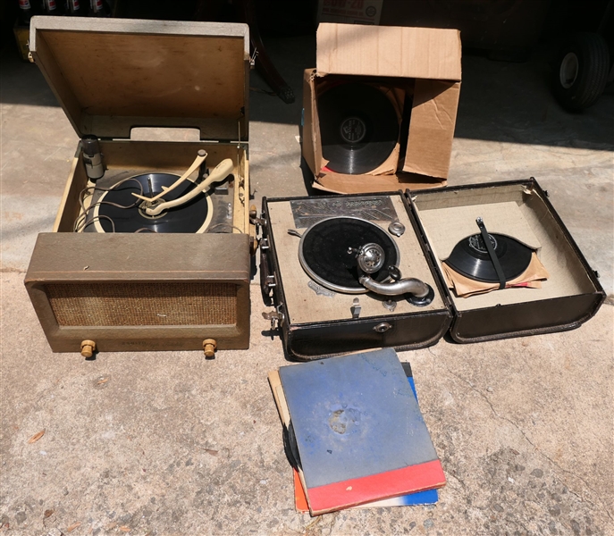 2 Portable Tabletop Phonographs / Record Players and Box of Record - 1 Phonograph is in a Black Croc Case 