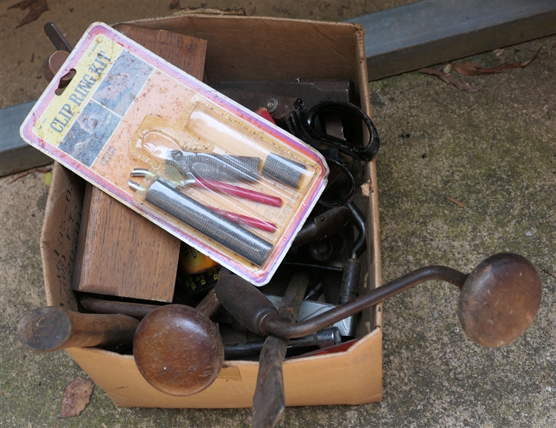 Box Lot of Tools including Hand Drills, Hammers, Large Scissors, Tape Measures, Wood Plane, Hatchet