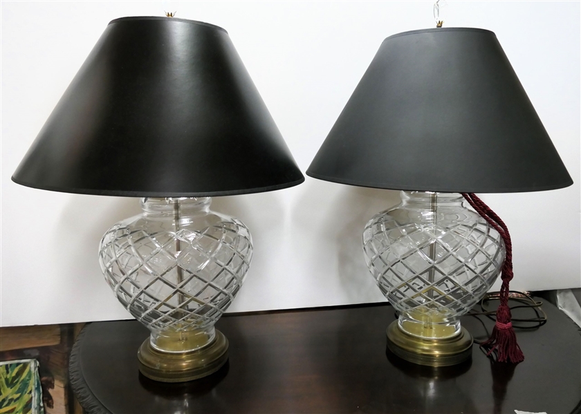 Pair of Outstanding Crystal Lamps with Brass Bases - Nice Black Shades with Gold Lining - Each Lamp Measures 28" to Finial