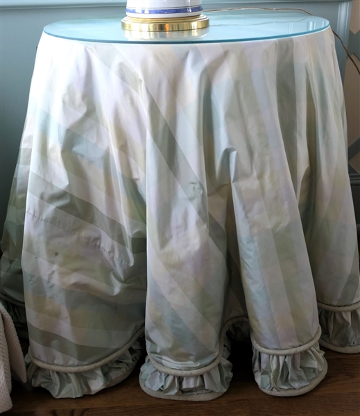 Round Glass Top Occasional Table with Custom Made Light Blueish Green Table Cloth - Table Measures 31 1/2" tall 27" Across