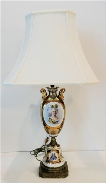 Porcelain Portrait Lamp - Brass Base with Engraved Flowers -  Lamp Measures 22" Tall - Shade Needs Replacing 