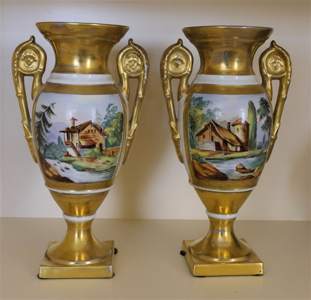 Pair of Old Paris Porcelain Mantle Vases - Good Gold Paint - Each Measures 12 1/4" Tall 