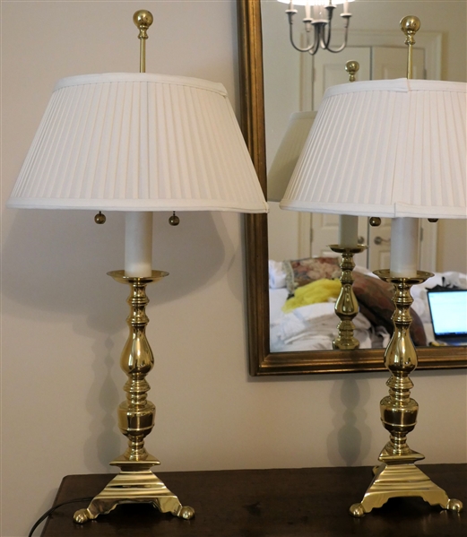 Pair of Nice Heavy Brass Double Light Table Lamps  -Nice Pleated Shades - Measuring 20" Tall to Bulb 