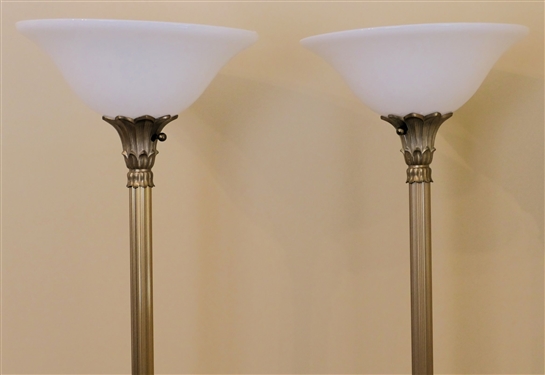 Pair of Gold Tone Torchiere Lamps with White Glass Shades - Each Lamp Measures 67 1/2 Tall