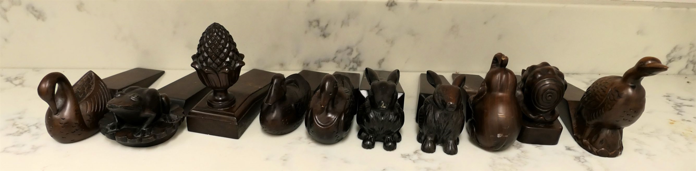 9 Mahogany Indonesian Door Stops - Carved Animals - Frog, Ducks, Rabbits, Pineapple, and Snail 