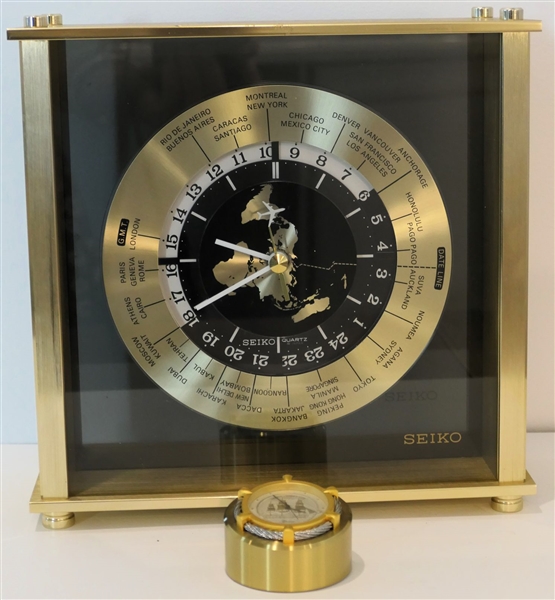 Seiko Quartz World Time Clock with Cities and Date Line Marked -and Shreve, Crump, & Low Chelsea Miniature Desk Clock with Ship on Dial - Seiko Clock Case Measures 8 1/4" Tall 8 1/2" by 3 1/4"