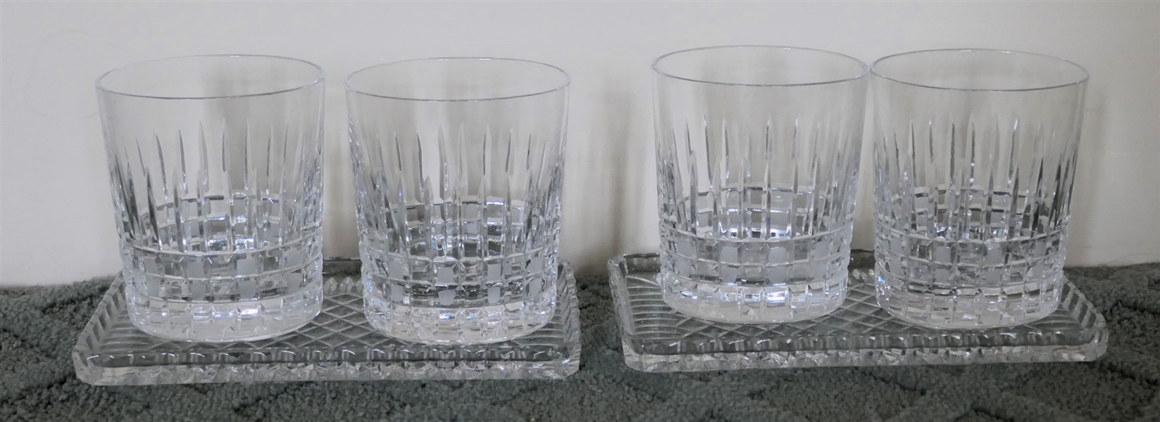 2 Beautiful Crystal Water Glass Sets - Crystal Glasses and Trays - Glasses Are Oval Shaped 