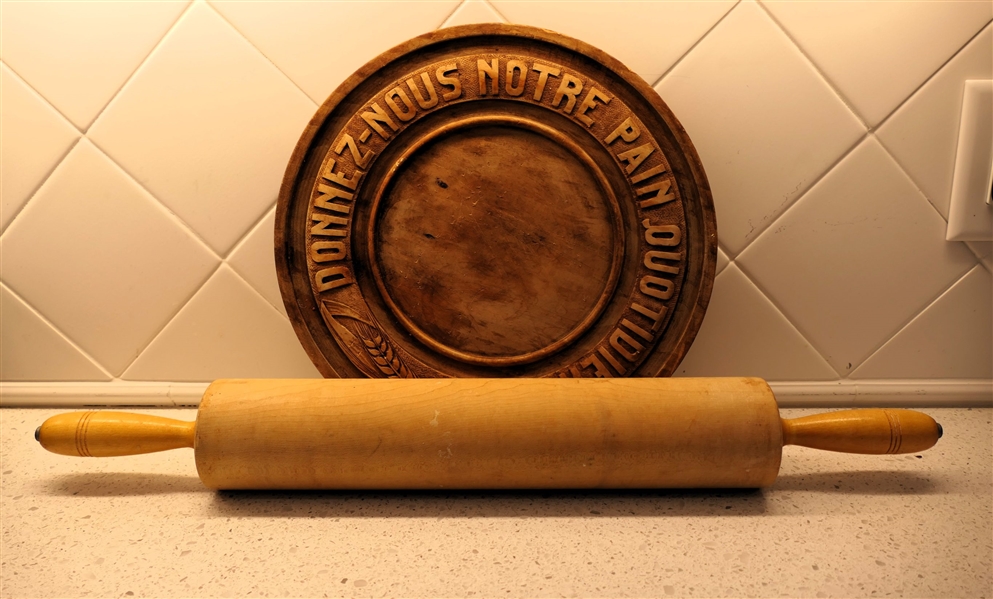 Wood Carved Bread Tray and Large Wood Rolling Pin Measuring 15" Not Including Handles 