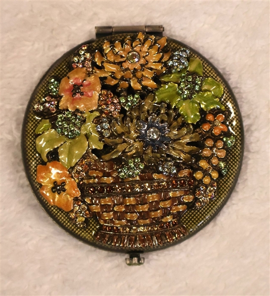 Beautiful Jay Strongwater Enameled Mirror Compact with Basket of Flowers - Measures 2 3/4" Across