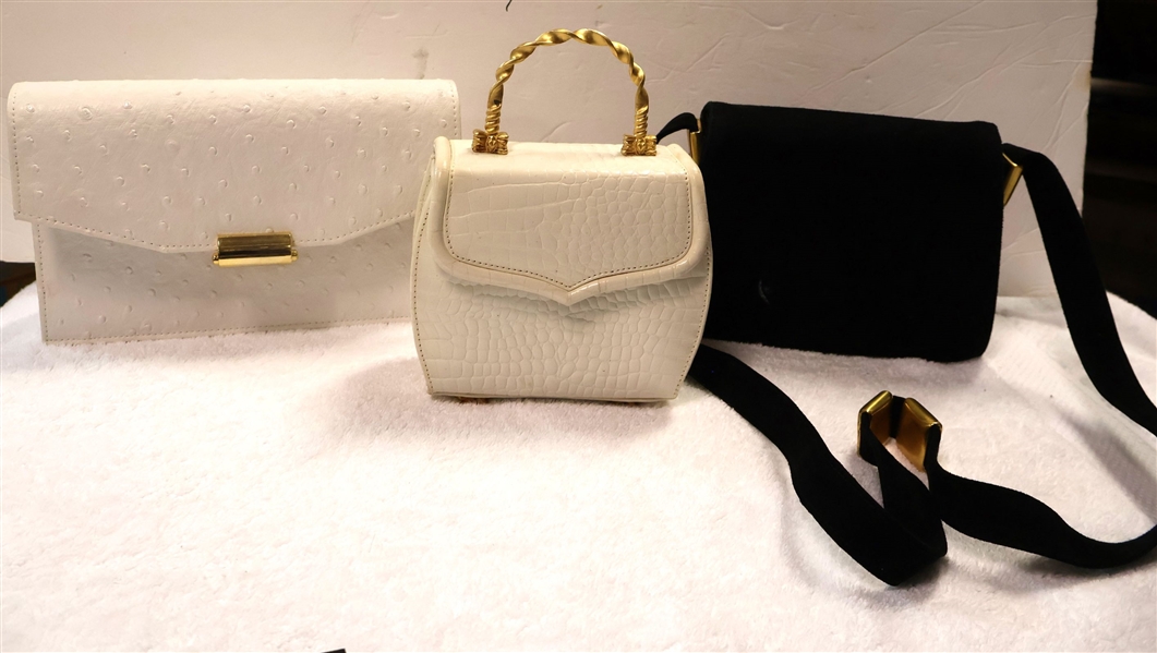 White Ostrich Purse, White Vicenza 1993 Purse with Bow Feet and Handle, and Black Donna Karen New York with Gold Hardware - Small White Smudge on Front