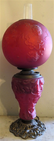 Red Satin Glass Lamp with Thistle Globe and Leaf Base - Lamp Measures - 27" Tall - Globe Has Hairline Crack 