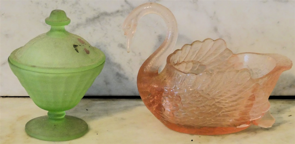 Pink Depression Glass Swan Dish and Green Depression Dish Lidded Jar - Swan Measures 5 1/2" tall 7" Across