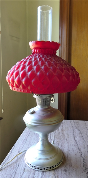 Aladdin Metal Lamp with Chimney and Red Satin Glass Quilted Shade - Shade is Damaged - Lamp Has Been Electrified - Measures 24" Overall