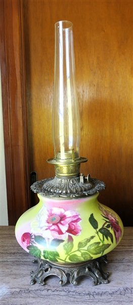 Oil Lamp with Beautiful Pink and Yellow Hand Painted Base - Fancy Metal Details -  Abco Rochester Burner - Measures 25" Tall 