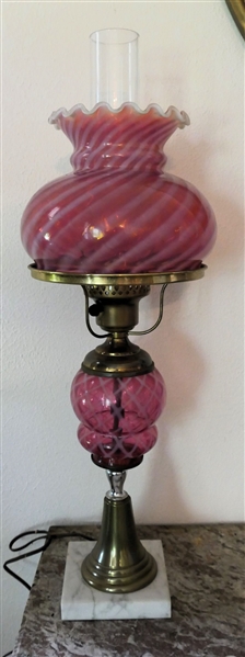 Cranberry Table Lamp - Swirl Shade and Quilted Base - Marble Bottom - Lamp Measures 24" Tall Overall l