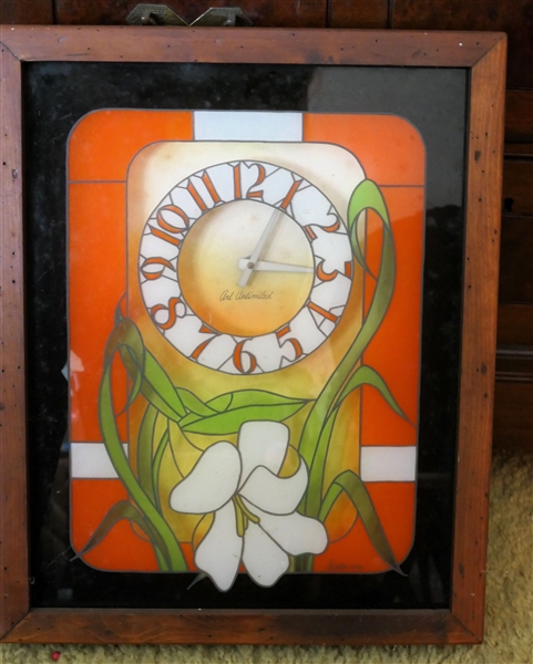 Art Unlimited Stain Glass Style Wall Clock - Hand Painted - Artist Signed C. Vaden 1978 - Frame Measures 21" by 17"