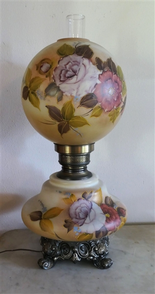 Hand Painted Gone with The Wind Style Lamp - Rose and Purple Hand Painted Flowers - Metal Base - Measures 26" Tall