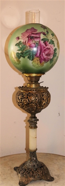 Fine Banquet Oil Lamp with Hand Painted Floral Shade - Beautiful Pierced Metal Around Font and At Base -Small Broken Area - See Photo -  Measures 32" tall 