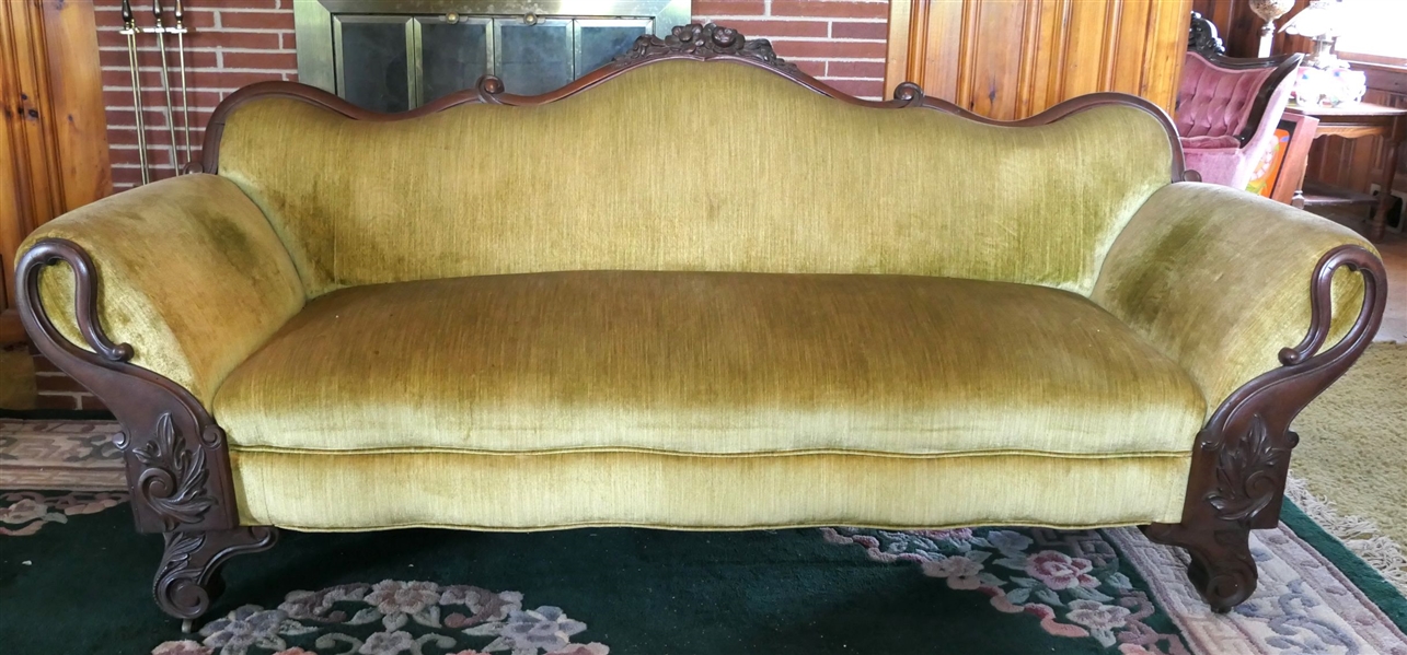 Walnut Victorian Serpentine Front Sofa - Ornately Carved -  Green Velvet Upholstery  -Measures 78" Long