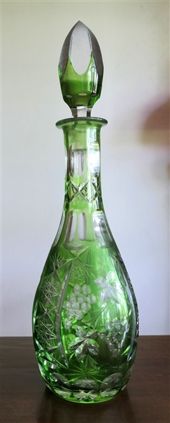 Green Bohemian Cut to Clear Decanter with Grapes and Leaves - Measures 15" Tall 