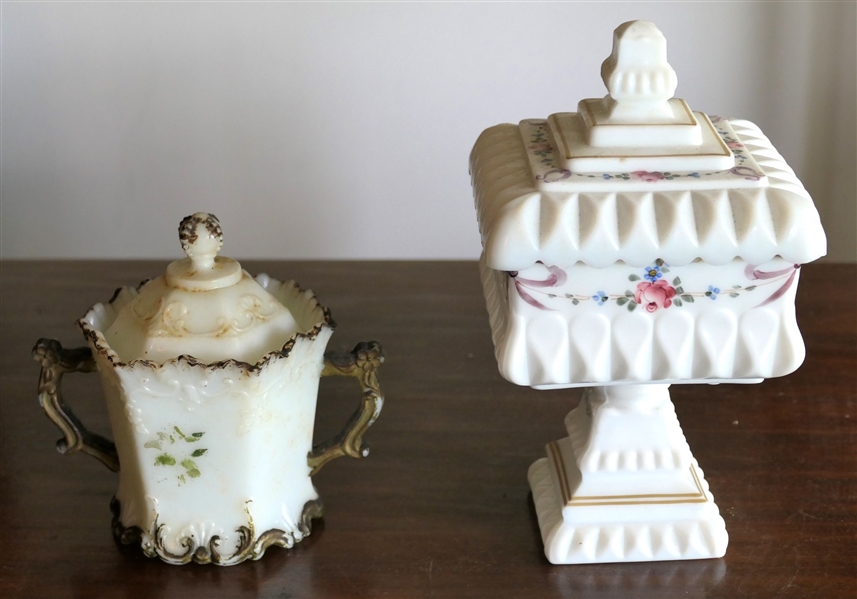 Hand Painted Milk Glass Jelly Stand and Custard Glass Sugar Dish - Milk Glass Measures 8" tall 