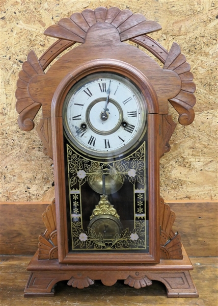 Nice Walnut Clock with Pink Flower Details on Door - Fancy Pendulum - Alarm Bell - Measures 19" Tall 12" Across - Running