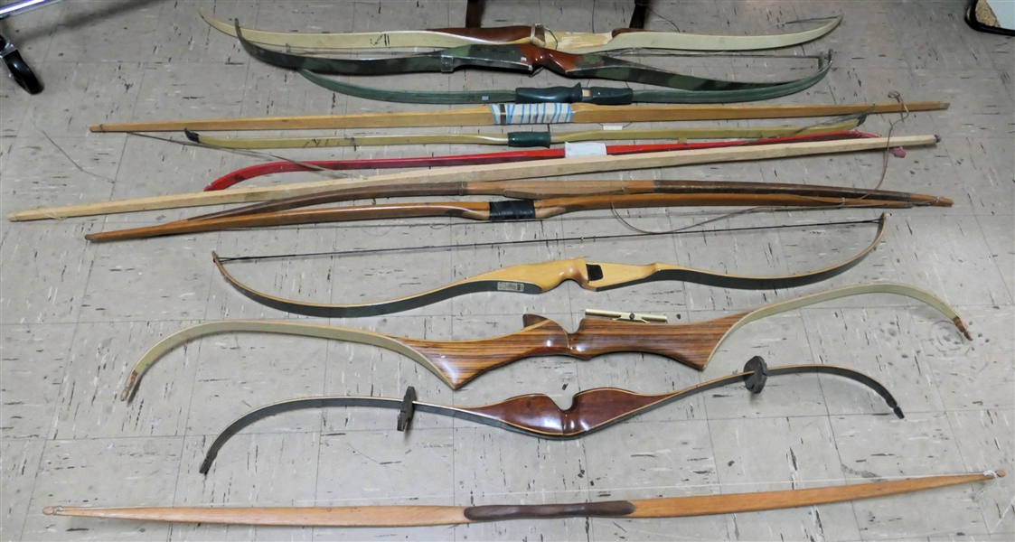 13 Wood Bows - Including Bear 60" #45, Huntex Amo 56" by Indian, Cougar 704 - 45", Darton "Ranger" 58", Jaguar with Pretty Grain, Bear, and Others - Un- Signed