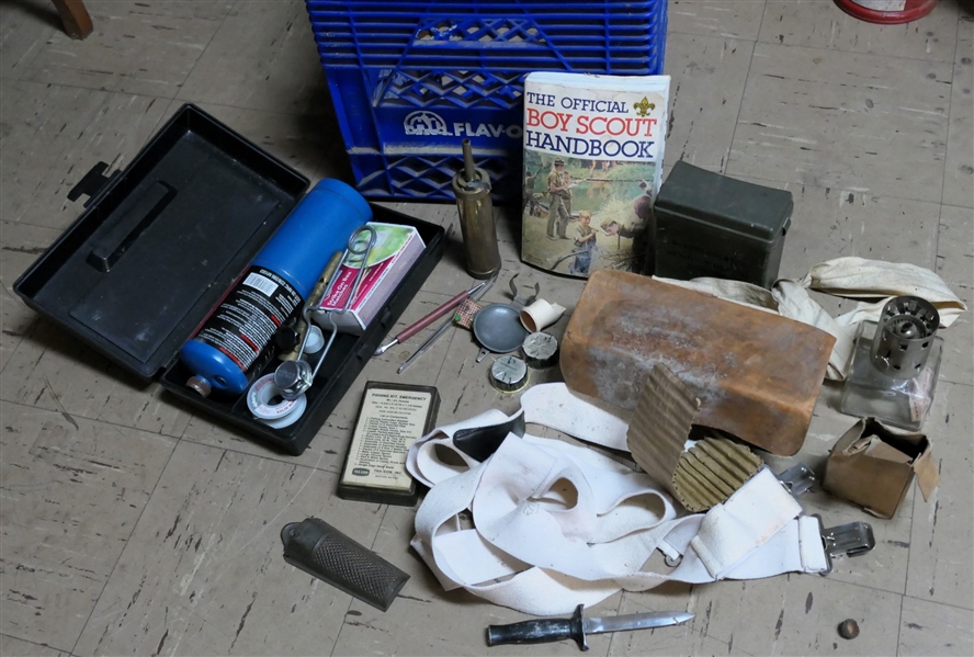 Mixed Lot including Torch, Suspenders, Leather and Wood Replica Ammunition Holder, Brass Powder Flask, First Aid Case, New Old Stock Cold Dyes, Knife, Fishing Emergency Kit, Nutmeg Grinder