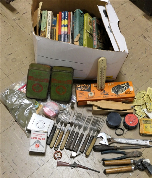 Large Mixed Lot including Boy Scout Books, Boy Scout Tin Litho First Aid Kits, Utensils, Scout Patches, Official Boy Scout Signal Set in Original Box, Tools, Tru Temp Thermometer, Tube Rose Coupons...