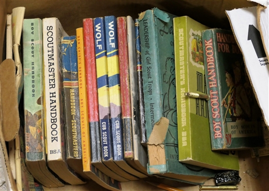 Large Mixed Lot including Boy Scout Books, Boy Scout Tin Litho First Aid Kits, Utensils, Scout Patches, Official Boy Scout Signal Set in Original Box, Tools, Tru Temp Thermometer, Tube Rose Coupons...