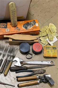 Large Mixed Lot including Boy Scout Books, Boy Scout Tin Litho First Aid Kits, Utensils, Scout Patches, Official Boy Scout Signal Set in Original Box, Tools, Tru Temp Thermometer, Tube Rose Coupons...