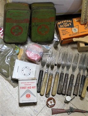 Large Mixed Lot including Boy Scout Books, Boy Scout Tin Litho First Aid Kits, Utensils, Scout Patches, Official Boy Scout Signal Set in Original Box, Tools, Tru Temp Thermometer, Tube Rose Coupons...