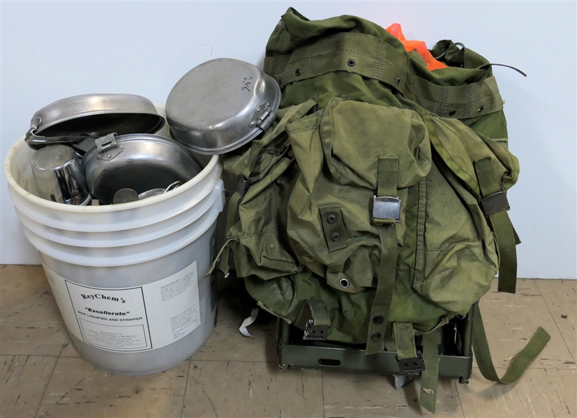 Military Backpack, US Mess Kits, and Bucket Full of Utensils, Thermos, Blue Enamel Pot, Blue Enamel Spoons, Other Serving Utensils