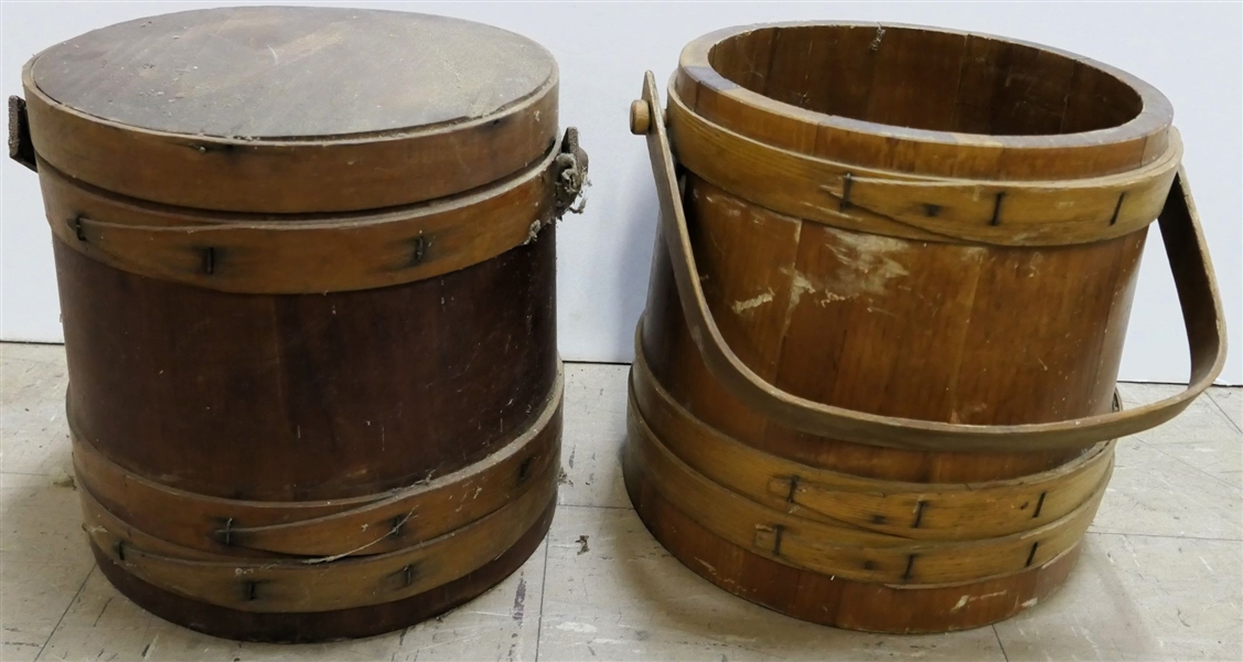 2 Wooden Buckets - One with Lid - Each Bucket Measures 10" Tall 9" Across