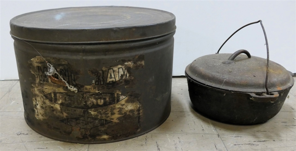 Coconut Tin and Cast Iron Lidded Pot - Tin Has Partial Original Label - Measures 7 1/2" by 12"