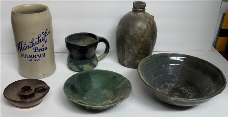 4 Pieces of Art Pottery, Stone Jug Missing Handle, and Stone Stein Including Signed Mug, Jamestown VA Pottery Candle Stick, and 2 Bowls - Candlestick Measures 1 1/2 by 4 