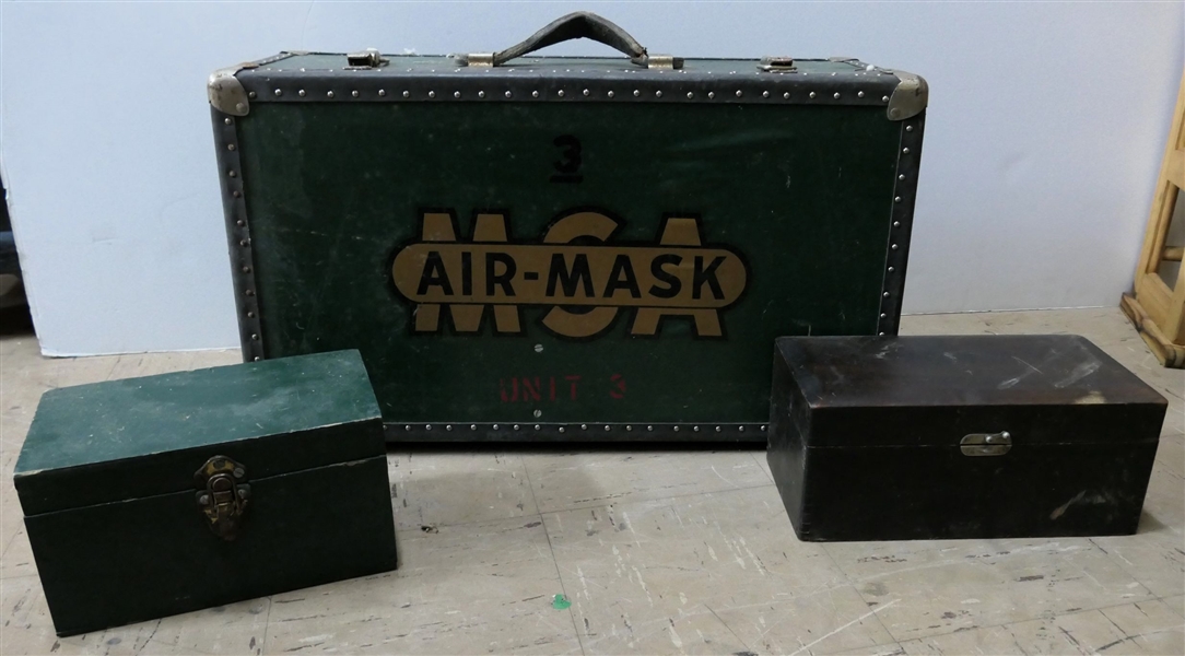 MSA Air Mask Unit 3 Trunk, Smaller Green Wood Box Full of Tubes of Powder, and De Treys Synthetic Porcelain Chalk - Wood Box - MSA Air Mask Trunk is Full of Fur, Power Horns, Horns, and Powder Tin